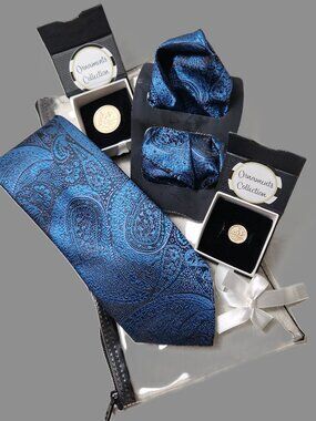Dark BLUE PAISLEY Necktie Pocket Square Magnetic LAPEL PIN & Tie Tack SET